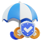 Umbrella over a shield with coins behind it.