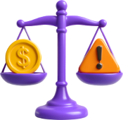 3d balance scales with coin and warning symbol.