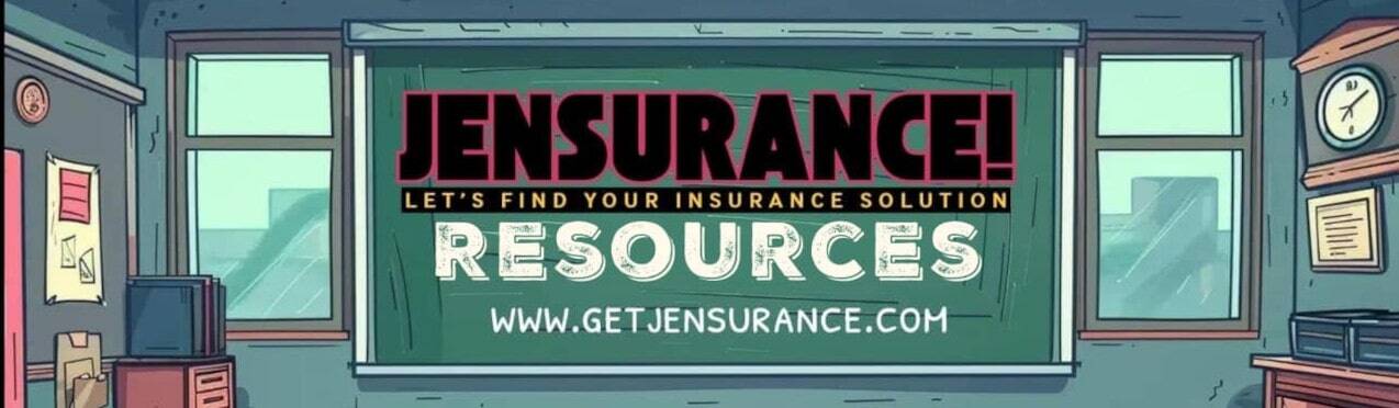 A banner that looks like a chalkboard displaying the Jensurance logo and website address - getjensurance.com.)