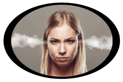 A woman with a frustrated expression on her face and smoke coming out of her ears.