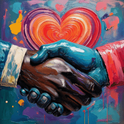 Colorful painting of a handshake in bright swirling colors.