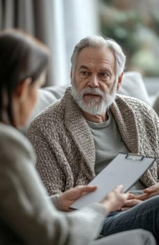 A man sitting up in bed, having conversation with a person with a clipboard.