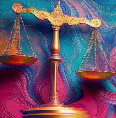 Golden balance scale against a vibrant, swirling colorful background.