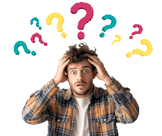 Man looking confused with question marks above his head.