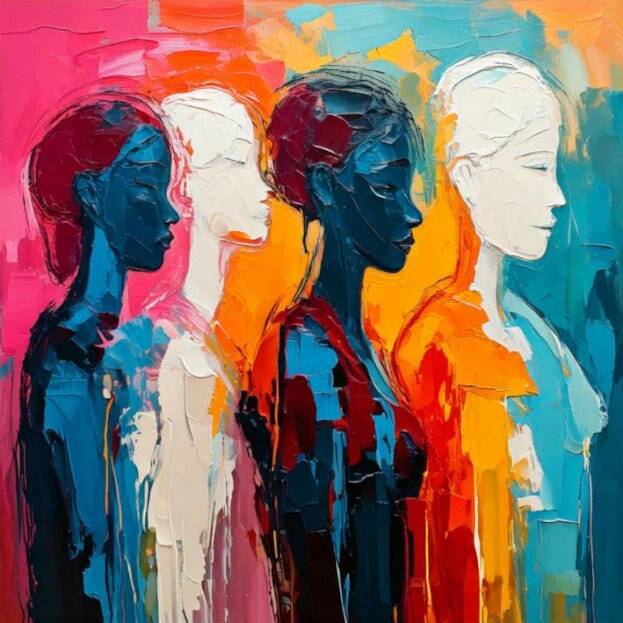 An artistic representation of three women standing before a bright, colorful background, highlighting their individuality and style.