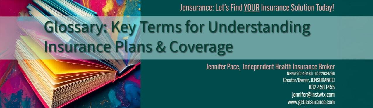 Banner with an open book and text for a glossary of key insurance terms and broker contact info.