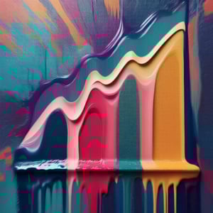 An abstract painting with flowing, colorful layers of purple, teal, pink, peach, and orange paint with vertical drips.