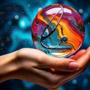 A hand holding a colorful glass sphere with a stethoscope inside against a blue abstract background.