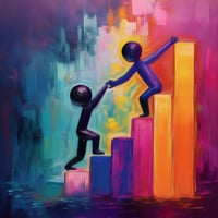 Brightly colored abstract painting of one person offering a helping hand to another person behind them coming up a set of stairs.