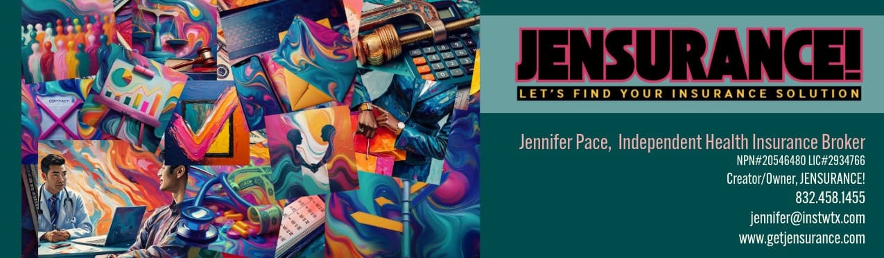 Title banner for a health insurance broker website featuring a vibrant collage and contact information.