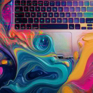 Laptop keyboard with swirling vibrant colors resembling liquid or paint.