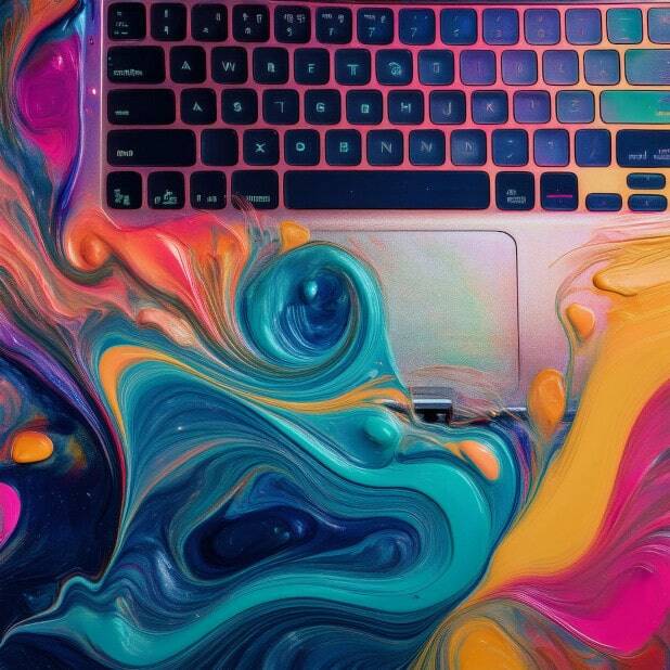 A laptop keyboard with vibrant, swirling paint-like colors overlaying the bottom part.