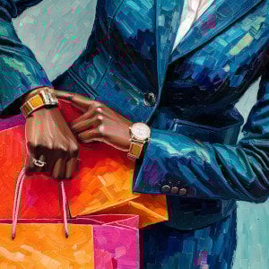 A person in a blue suit holding colorful shopping bags and checking their watches.