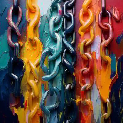 Colorful chains painted with thick, textured strokes in teal, yellow, dark blue, and red.