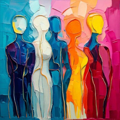 Abstract painting of five stylized human figures in vivid colors, with textured backgrounds in blue, pink, and orange tones.