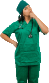Surgeon in scrubs looking puzzled.