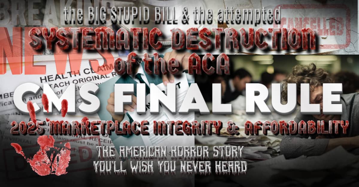 Collage with text about CMS final rule and images of concerned people, documents, and a bloody handprint.