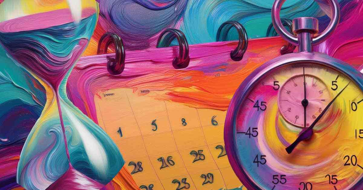 Colorful abstract artwork featuring an hourglass, calendar, and stopwatch.