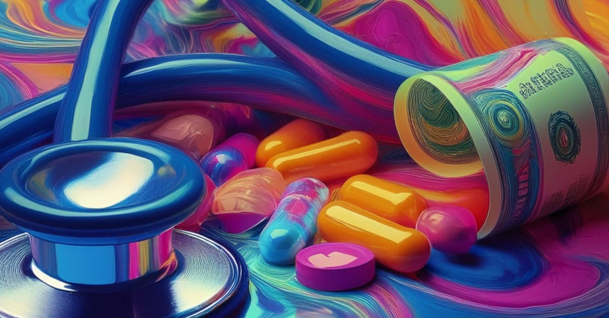 A colorful scene with a stethoscope, bright pills, and a rolled-up currency note on a vivid, marbled background.