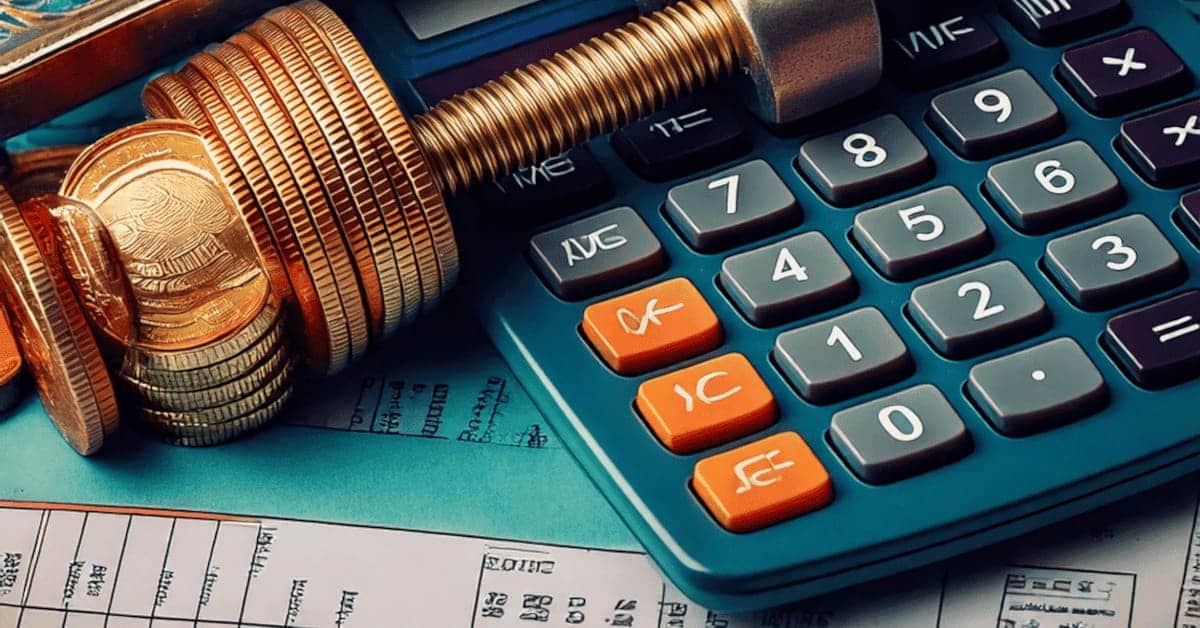 A teal calculator and a stack of gold coins on top of documents.