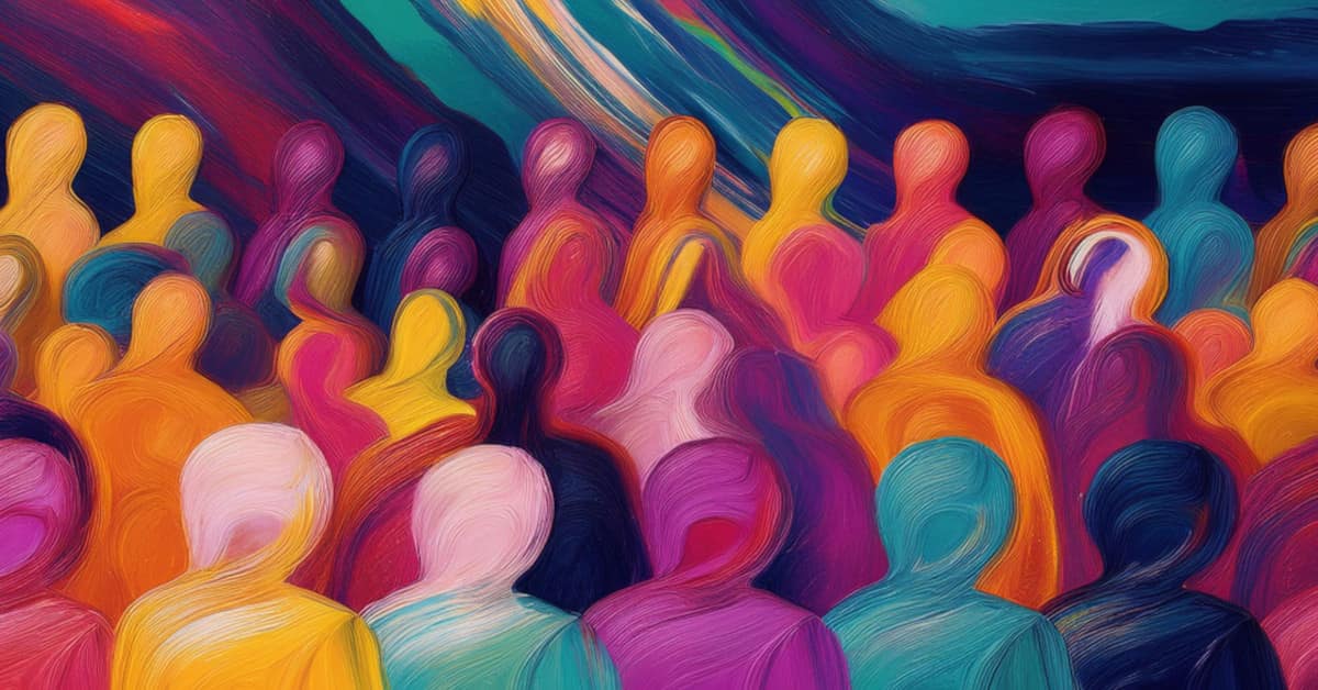 Abstract depiction of colorful human-like silhouettes against a dynamic background of swirling patterns.