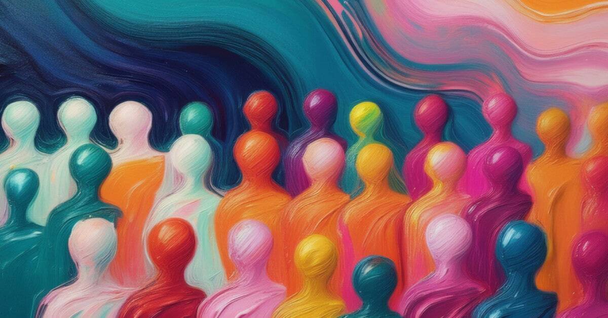 Abstract painting of colorful silhouettes of figures with a swirling background.