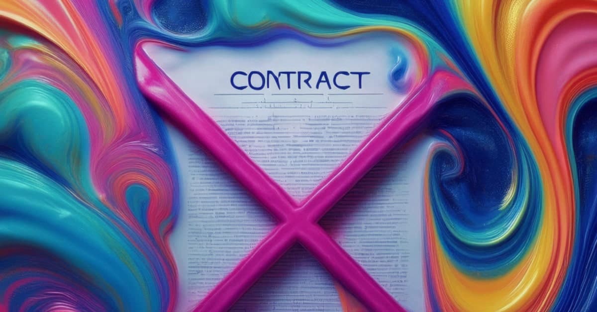 A contract document with a large pink 'X' over it, surrounded by colorful, swirling patterns.