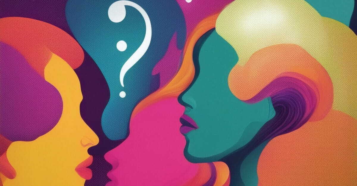 Colorful abstract profiles with a central white question mark.