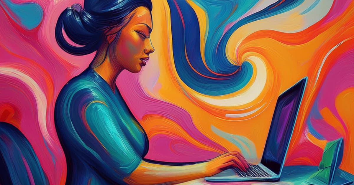 A colorful digital illustration of a woman with her hair in a bun, typing on a laptop amid swirling vibrant hues.