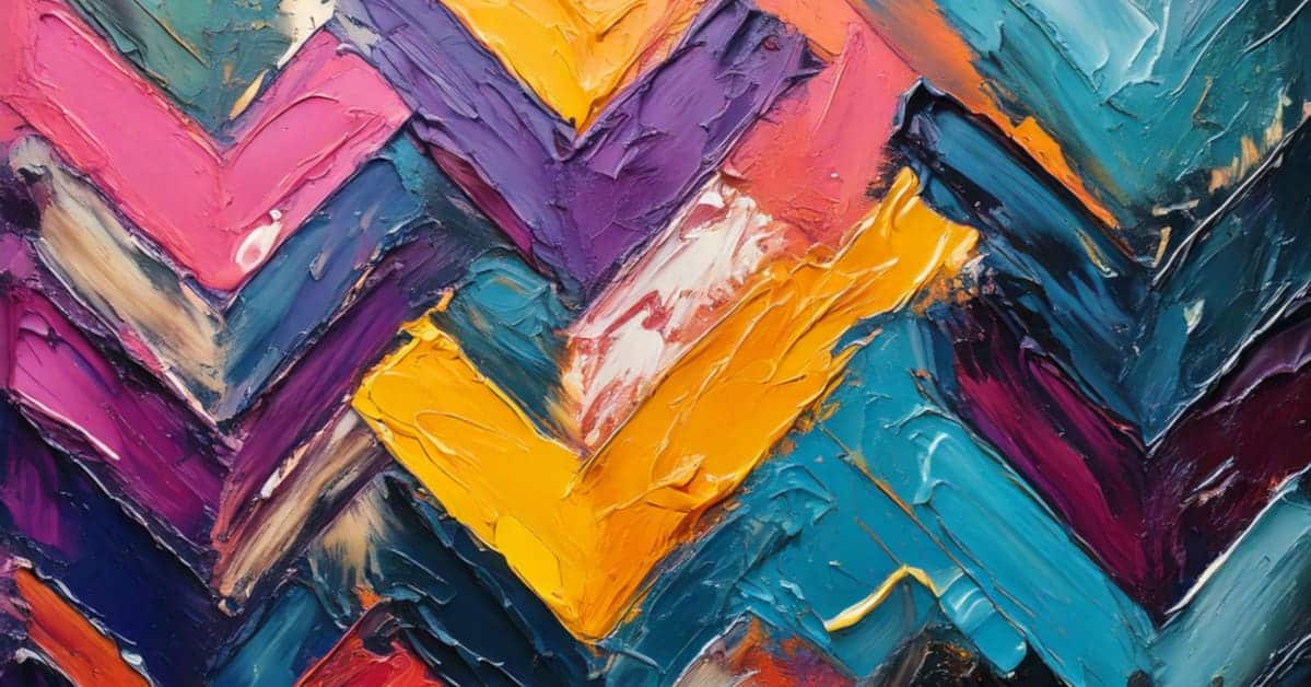 Abstract painting with vibrant chevron patterns in blue, teal, pink, yellow, and purple.