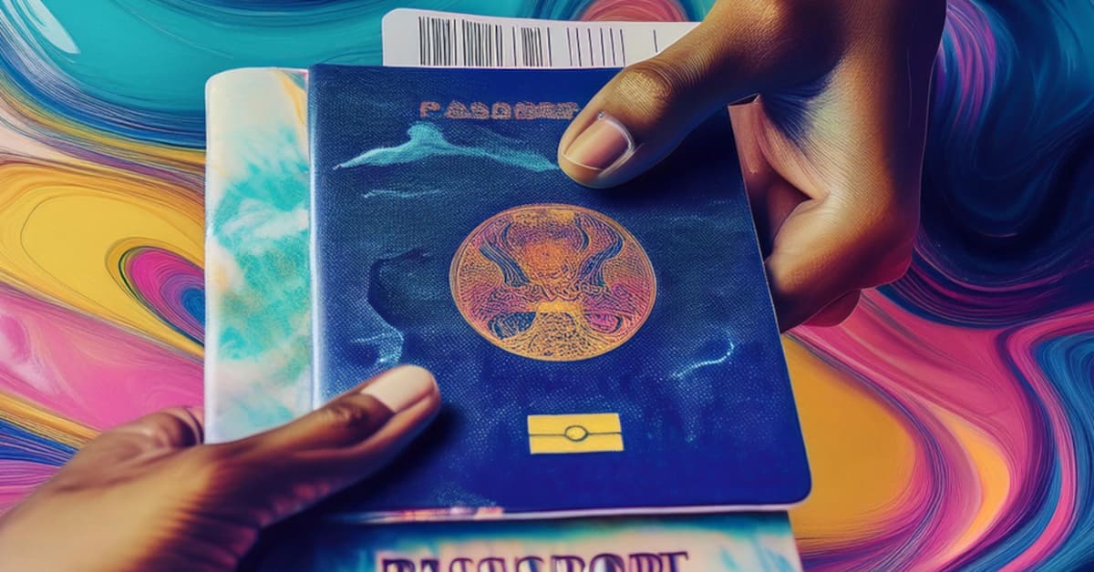 Two hands exchanging a passport against a colorful, swirling background.