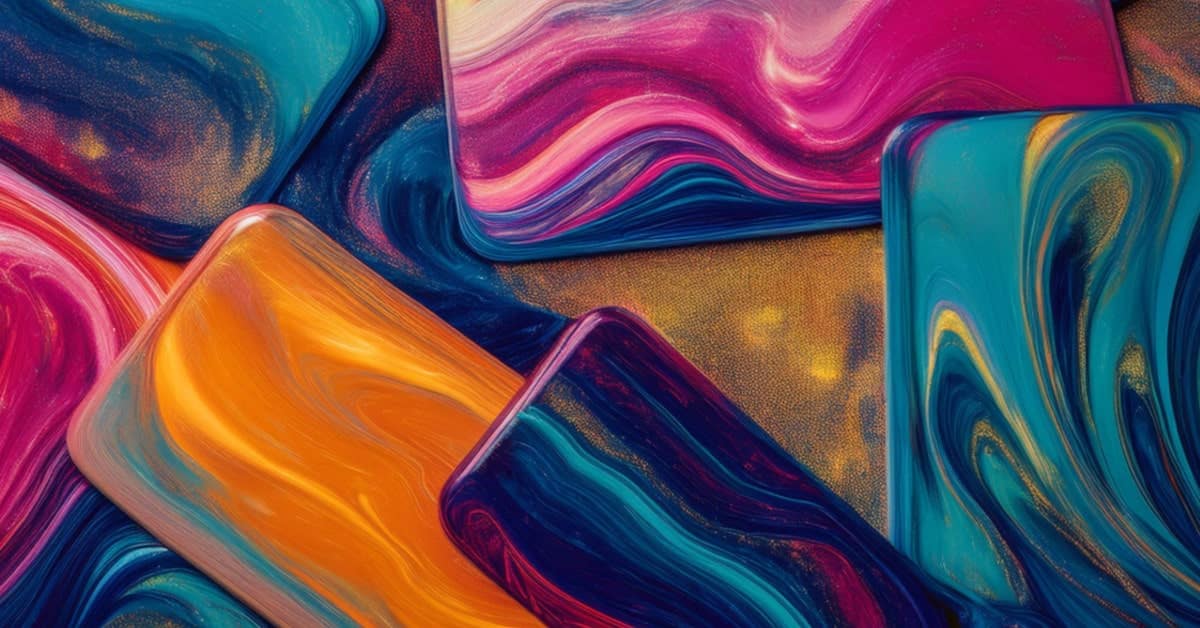 Abstract image with colorful marbled rectangular shapes overlapping, featuring pink, orange, and teal.